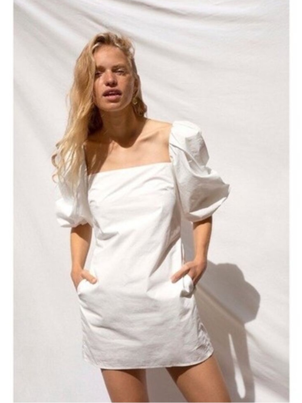 Maje White Square-Neck Puff-Sleeve Mini Dress